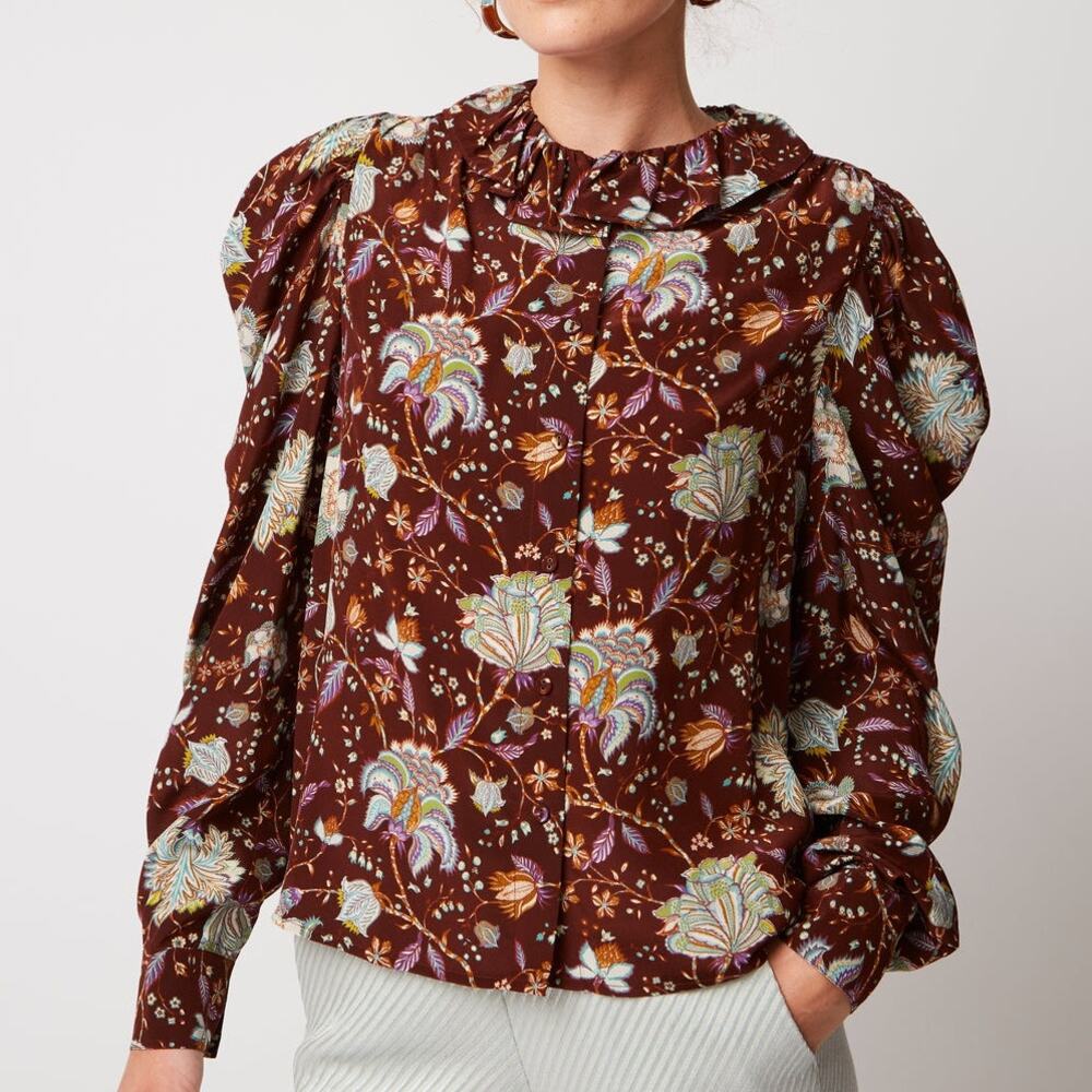Ulla Johnson Blouse Dara Floral Ruffle Neck Long Puff Sleeve Top Red Size 8